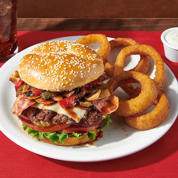 Burger and onion rings