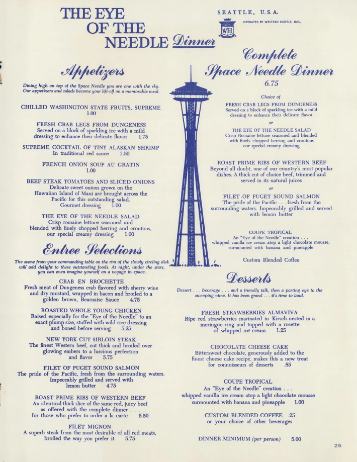 Menu from Eye of the Needle restaurant, Seattle WA