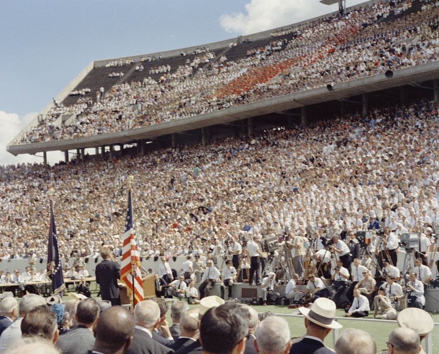 Kennedy speaking in a stadium full of people