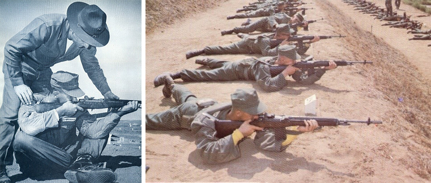 Collage of historical photos of Marines at the rifle range