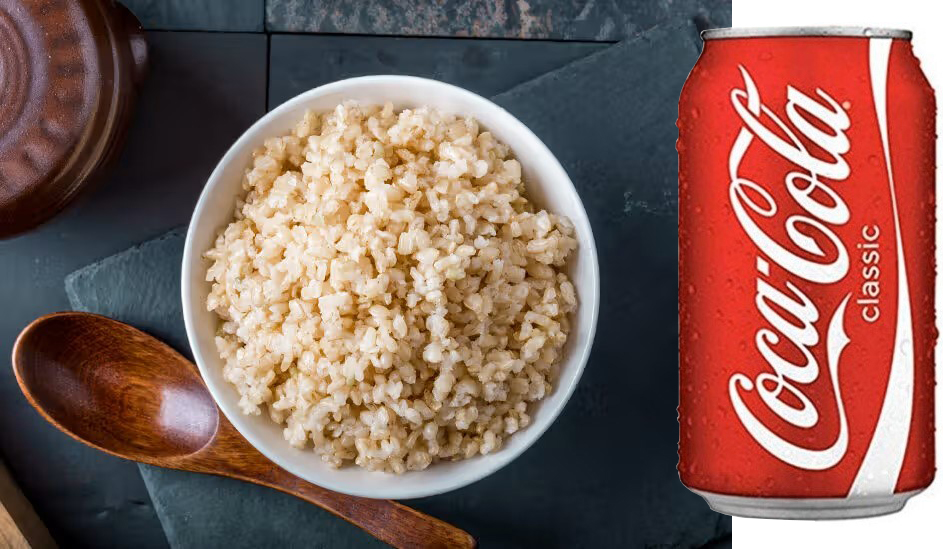 Collage image of a bowl of rice and a can of Coke