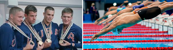 Swimmers with medals and diving in