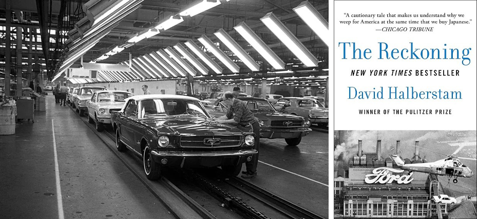 Historical photo of automotive plant and The Reckoning book cover