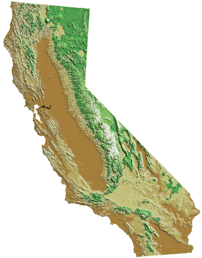 Topographical map of California